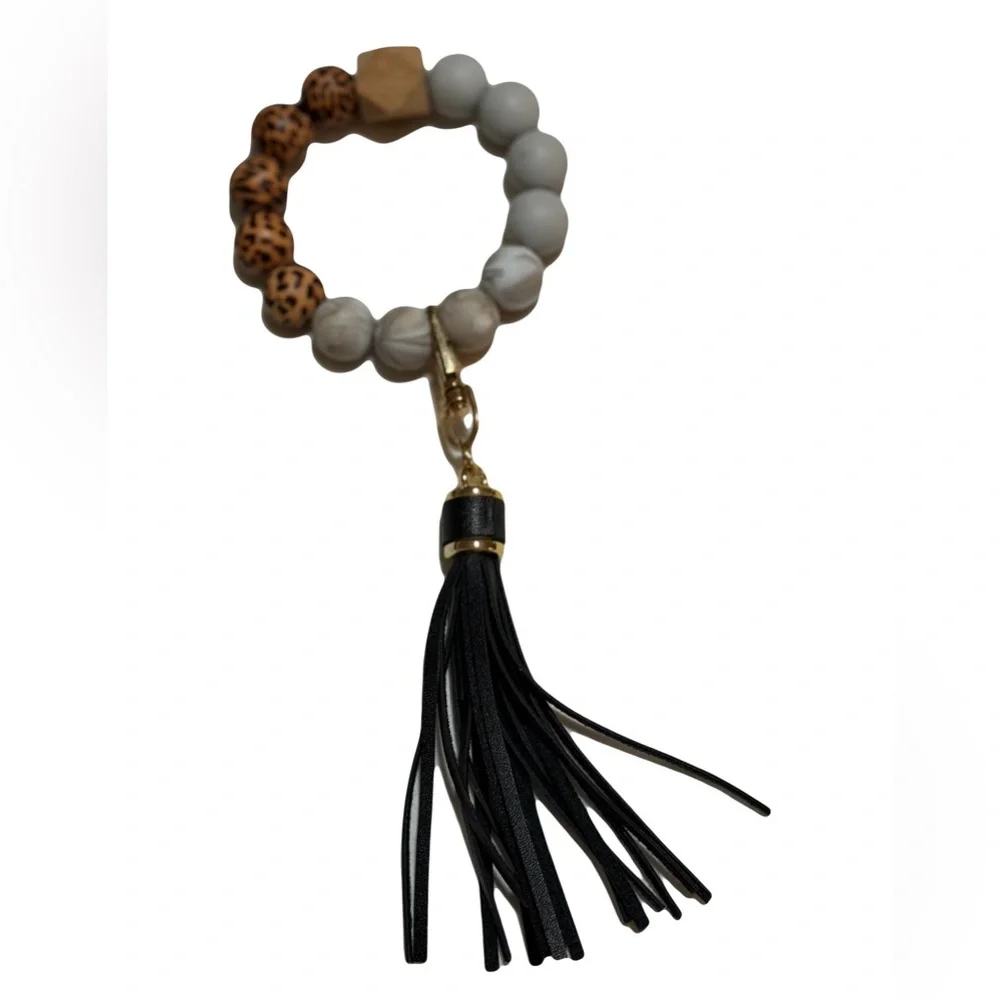 Elegant Beaded Bracelet Key Ring with Black Tassel B8